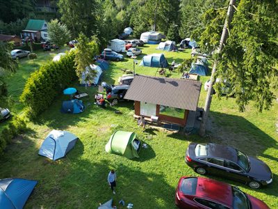 Namioty, samochody i kampery ustawione wśród drzew i żywopłotów na terenie obiektu